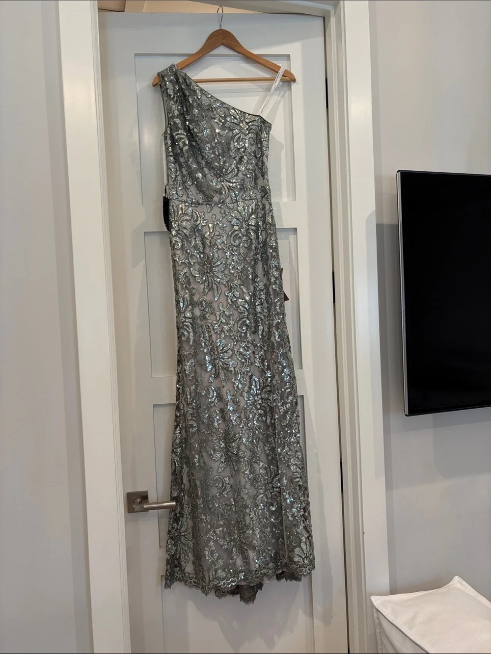 Tadashi Shoji Beaded One-Shoulder Gown in Sage Green